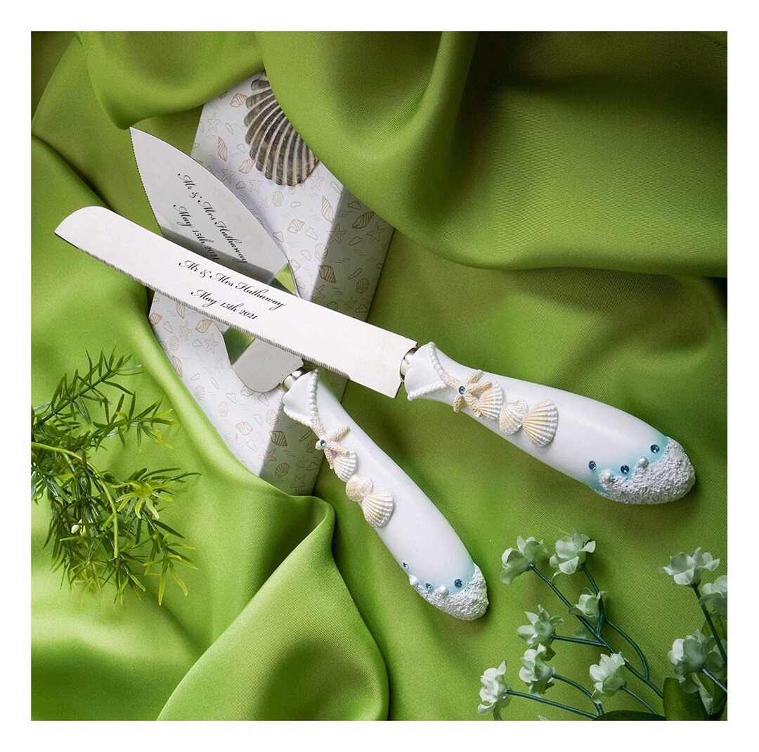 Personalized Wedding CAKE CUTTING SET Seashell Serving Knive Cutter