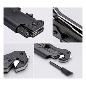 May include: Close-up shots of a black multi-tool. The tool features a knife blade, a small LED light, a glass breaker, and a fire starter. The tool is made of black metal and has a clip for attaching to a pocket or belt.