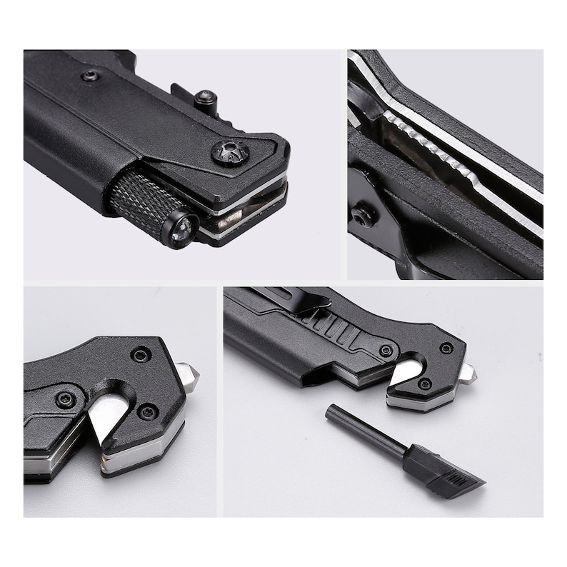 May include: Close-up shots of a black multi-tool. The tool features a knife blade, a small LED light, a glass breaker, and a fire starter. The tool is made of black metal and has a clip for attaching to a pocket or belt.