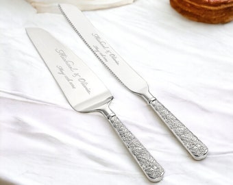 Personalisiertes Hochzeitstorten-Schneidset, Gold-Silber-Schneidemesser, Serviermesser, individuell graviert, minimalistisch, Vintage, modern, Braut und Bräutigam