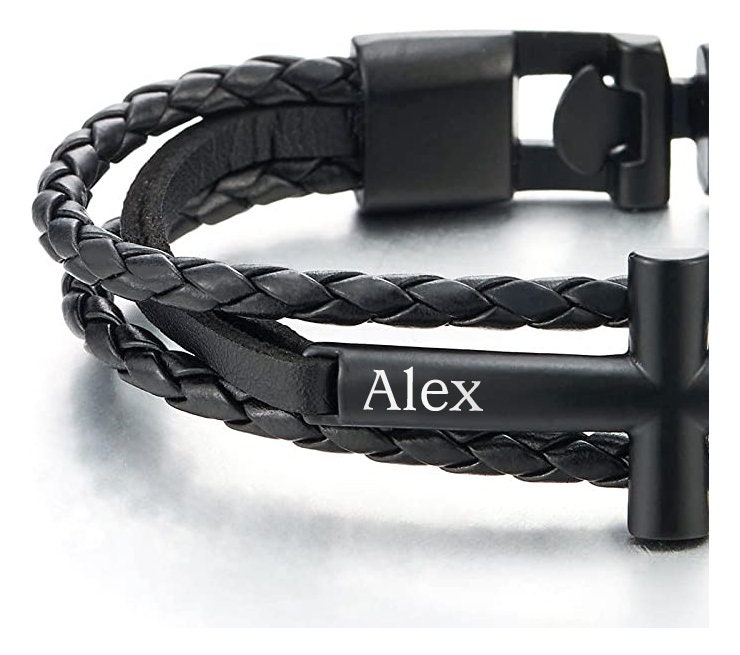 Personalized Name Cross Bracelet, Custom Engraved Leather Bracelet, Men's Jewelry, Birthday/Father's Day/Groomsmen Gifts for Boyfriend/Dad/Him