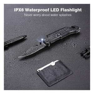 May include: Black IPX6 waterproof LED flashlight with a partially open blade, a pen, and a small card holder. The flashlight is emitting a bright light. The text on the image reads: "IPX6 Waterproof LED Flashlight. Never worry about water splashes."