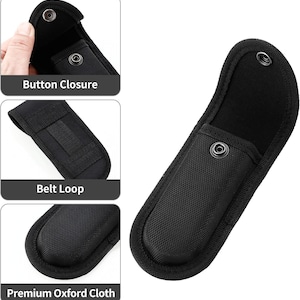 May include: Black knife sheath made of premium Oxford cloth. Features a button closure and a belt loop for secure carrying. The sheath is designed to protect a knife and keep it readily accessible.
