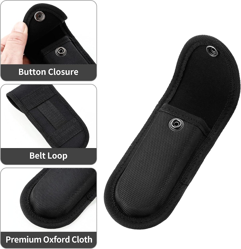 May include: Black knife sheath made of premium Oxford cloth. Features a button closure and a belt loop for secure carrying. The sheath is designed to protect a knife and keep it readily accessible.