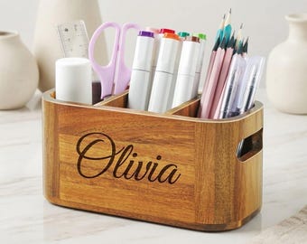 Personalized Acacia Wood Pencil Holder Custom Engraved Desk Organizer Vanity Caddy Wedding Birthday Gift for Her Women Mom Him Men Boyfriend