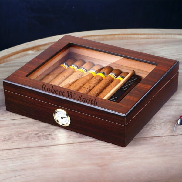Personalized CIGAR HUMIDOR CASE Box Holder Wood Cigars Accessories Custom Engraved Groomsmen Gifts for Dad Him Boyfriend Men Son Fathers Day