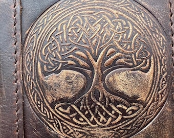 Genuine Leather iPhone Wallet Case: Stamped Tree of Life Book Cover