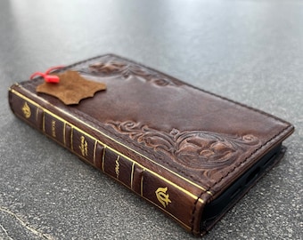 Genuine Leather Case For Apple iPhone 11 12 13 14 15 Pro Max 6 7 8 plus SE XS XR Book Vintage Handmade Cover Wireless Bible Wallet stamping