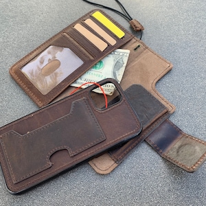 Funda de cuero genuino de color oscuro para Apple iPhone 11 PRO, funda estilo billetera vintage, tarjetero, soporte extraíble y carga inalámbrica