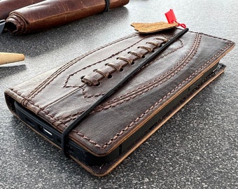 Handmade Dark Leather iPhone Wallet Case: Magnetic Book CoverChristmas gift