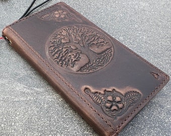 Genuine Leather Galaxy Phone Wallet Case: Tree of Life StampingChristmas gift