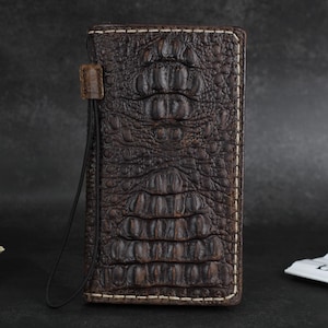 Étui portefeuille en cuir fait main : motif crocodile en relief pour Galaxy