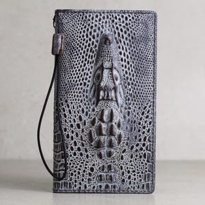 Funda de piel auténtica hecha a mano ARICHI para Apple iPhone 16, 15, 14, 13 Pro Max: billetera blanca pulida con relieve de cocodrilo vintage y ranuras para tarjetas
