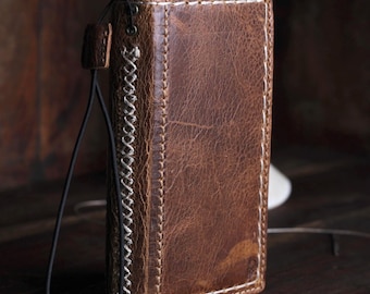 Handmade Waxed Leather For iPhone Wallet Case – Cross Stitch Spine, Vintage Finish