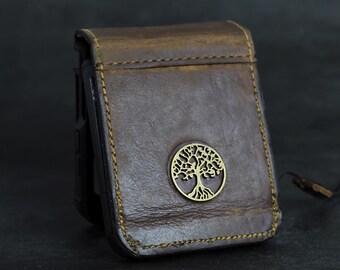 ARICHI Genuine Tan Vintage Wash Leather Case For Samsung Galaxy Z Flip 3 4 5 6 Back Cover Wallet Cards Slots Design Book Hand Strap