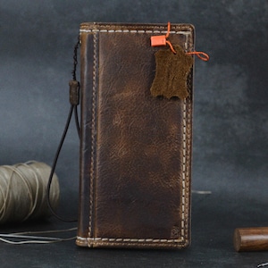 Funda de cuero genuino ARICHI con cera de arena color canela para Apple iPhone 11 12 13 14 15 16 Pro Max 6 7 8 plus SE XS, funda tipo libro, billetera, costura a mano