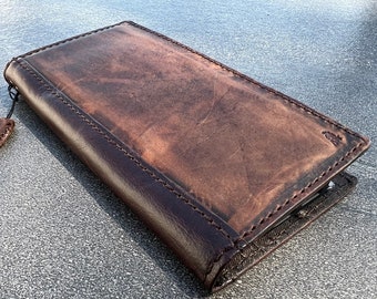 Handmade Dark Leather iPhone Wallet Case: Vintage Book Style