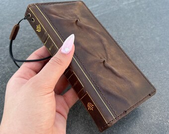 Genuine Dark Leather Case Dark For Apple iPhone 11 12 13 14 15 Pro Max 6 7 8 plus SE XS Art Cover Wallet Cards Stamping wrinkled Bible Book