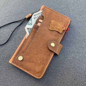 Genuine Tan Leather Galaxy s23 s22 Ultra Plus Wallet Book Vintage Style Credit Cover Wireless Full Grain