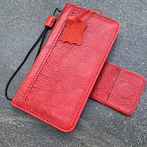 Funda de piel auténtica roja para iPhone 11 Pro Max, estilo cartera, tarjetero, libro, lujosa funda magnética para identificación, ventana vintage.