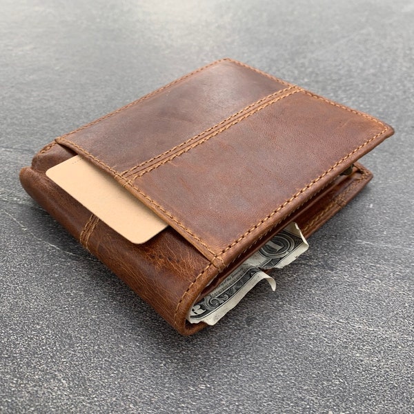 Full Leather Wallet 8 Credit Card Slots 1 ID Window 2 Bill Sections Bi-fold Tan Ari