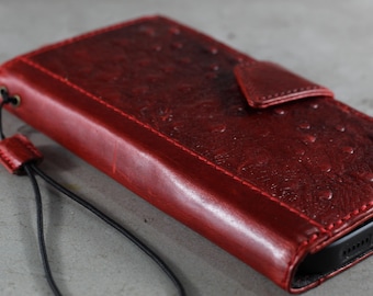 Red Ostrich Embossed Leather Galaxy Z Fold Wallet Case: Book Style Magnetic Clousre