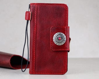 Handcrafted Red Leather For Galaxy Wallet Case with Jewelry Charm