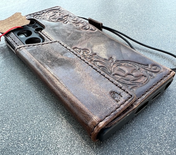 Handmade Leather For Galaxy S24 Ultra Wallet Case - Stamped Vintage Design