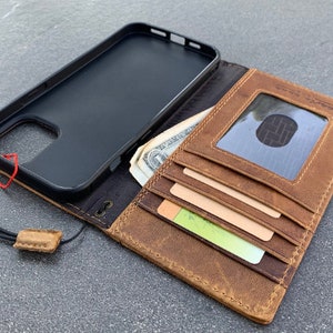 Funda de piel auténtica color canela para Apple iPhone 12 PRO, estilo clásico, tipo libro, ventana de identificación, ranuras para tarjetas de crédito, cubierta suave y delgada, de grano completo