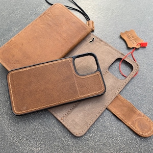Funda de piel auténtica color canela auténtica para Apple iPhone 12 Mini, funda tipo cartera, funda de goma de lujo extraíble, estilo vintage, hecha a mano