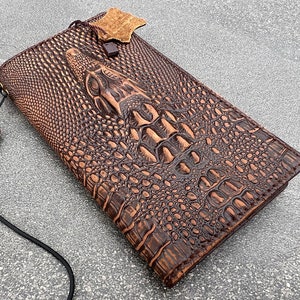 Funda de piel auténtica para Apple iPhone 11, 12, 13, 14, 15, 16 Pro Max, 6, 7, 8 Plus, SE, XS, funda tipo libro, tarjetero, estampado de cocodrilo vintage.