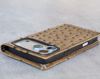 Ostrich Leather Wallet For iPhone Case, Handmade Phone Cover, White Stitch Card Holder