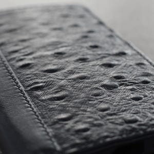 May include: Close-up of a black leather case with an ostrich-style texture. The rectangular case has a stitched edge and a smooth, dark surface. The design is sleek and sophisticated.