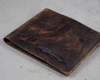 Portefeuille à deux volets en cuir marron effet vieilli fait main - Fine pince à billets