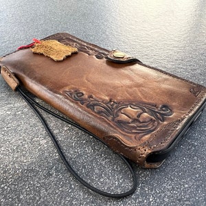 Funda de piel auténtica tipo cartera para Samsung Galaxy s25 s21 s20 s23 s24 Ultra s8 s9 Note 8 9 10 21 A71 A52 A12 A31 A32 Book Tan stamping Handmade