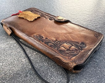 Handmade Leather Wallet Case for Galaxy S26 S25 S24 Ultra Fe Embossed Floral Design