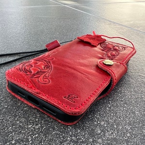 Funda de piel auténtica roja para Apple iPhone 11, 12, 13, 14 Pro Max, 6, 7, 8 Plus, SE, XS, funda tipo libro, hecha a mano, con estampado artístico