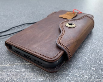 Étui en cuir véritable véritable pour Apple iPhone 11 avec couverture foncée, style portefeuille, porte-crédits pour livre, charge sans fil, support principal, mince, fait main, art