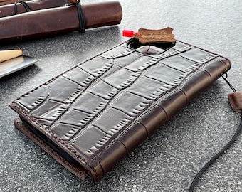 Genuine Leather iPhone Wallet Case: Dark Book Art Cover with Card Slots