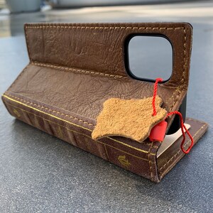 Étui en cuir véritable véritable pour mini portefeuille Apple iPhone 12, livre de la Bible vintage, couverture beige, cartes d'identité souples