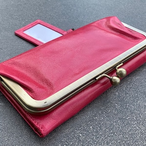 Cartera de cuero auténtico hecha a mano para mujer, bolso de mano vintage, suave, color rosa, con tarjetas de identificación, monedas y imanes