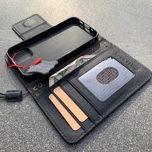 Étui en cuir noir véritable pour Apple iPhone 12, mini livre, portefeuille, fermeture magnétique, fentes pour cartes, design vintage fait main, mince