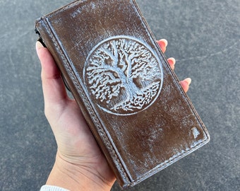 Genuine Vintage Leather Wallet Case For Apple iPhone 6 7 8 11 12 13 14 15 Pro Plus XS Max SE Book Cover old-fashioned Tree Wash Stone