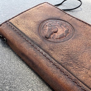 Funda de piel auténtica para Apple iPhone 11, 12, 13, 14, 15, 16 Pro Max, 6, 7, 8 Plus, SE, XS, S, cartera, libro, sello, caballo, imán, artesanía, piedra, vintage.