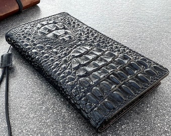 Handmade Black Leather iPhone Wallet Case: Crocodile Stamping