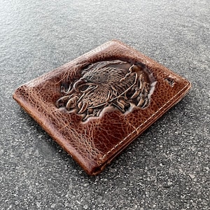 Carteira de couro genuíno Slots para cartão de crédito Bill Tree of Life Handmade Tan Eagle Diy Luxo ARI Cash Style Stamping