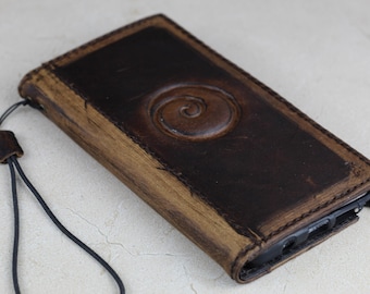 Handmade Vintage Brown Leather For Galaxy Galaxy Wallet Case: Spiral Embossed