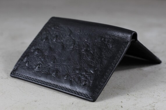 Handmade Black Leather Wallet | Ostrich Embossed, RFID, Zipper - Etsy