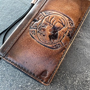 Genuine Tan Leather Case For Apple iPhone 11 12 13 14 15 Pro Max 6 7 8 plus SE XS Book Cover Wallet stamping Reindeer Embossing Stamp DIY
