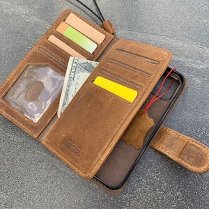 Funda de piel auténtica color canela para iPhone 11 Pro de Apple, estilo vintage, tipo cartera, tarjetero, magnética, extraíble, de lujo, fina, con diseño artístico.